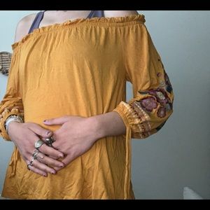 Off the shoulder yellow embroidered target top